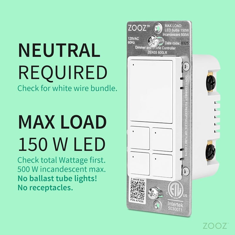 ZOOZ 800 Series Z-Wave Long Range Dimmer & Scene Controller ZEN35 800LR, White | Z-Wave Hub Required - Image 2